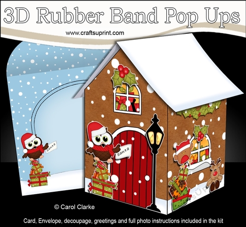 3D Rubber Band Pop Up Christmas Card - Little Hoot Owl has a Letter for Santa at the Christmas Gingerbread House
