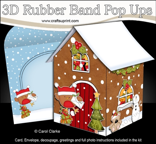 3D Rubber Band Pop Up Christmas Card - Bobbin Robin has a Letter for Santa at the Christmas Gingerbread House