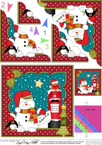Christmas Snowman Oli and Pip Penguins post a letter to Santa Scallop Corner side stacker Topper
