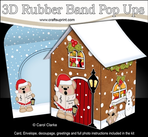 3D Rubber Band Pop Up Christmas Card - Livvy Bear is Carol Singing at the Christmas Gingerbread House