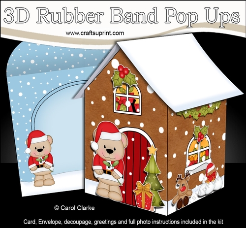 3D Rubber Band Pop Up Christmas Card - Austin Bear has brought some Mistletoe at the Christmas Gingerbread House