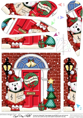 Cute Teddy Tess is Carol Singing at the Christmas Door Fan Pyramage Topper