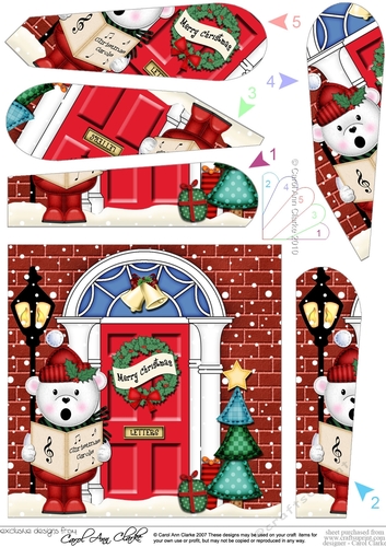 Cute Teddy Ed is Carol Singing at the Christmas Door Fan Pyramage Topper