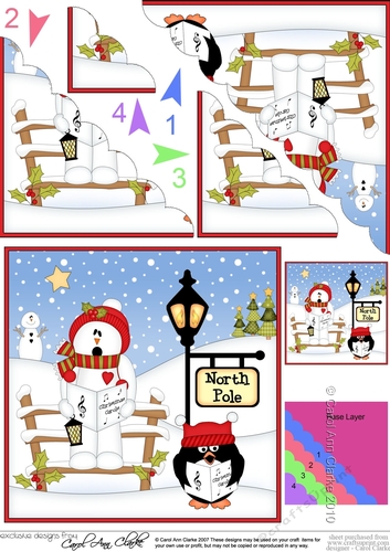 Christmas Snowman Rio & Pip Penguin are Carol Singing at the North Pole Scalloped Corner Stacker