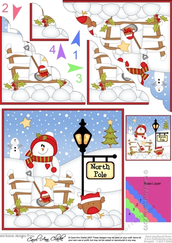 Christmas Snowman Rio is Clearing Snow at the North Pole Scalloped Corner Stacker