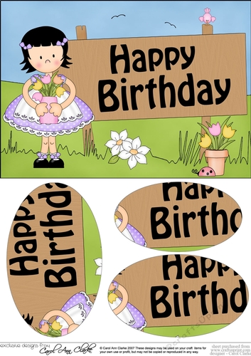 A5 HAPPY BIRTHDAY Girlz Suzi has a pot of Flowers Oval Pyramage Topper