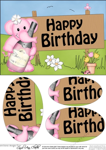 A5 HAPPY BIRTHDAY Lola Elephant has a Bottle of Champers Oval Pyramage Topper