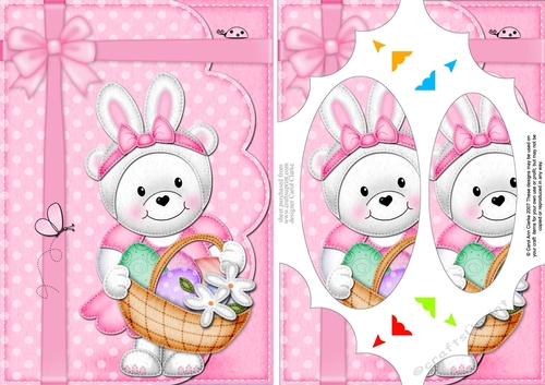 A5 Easter Teddy Tess has Bunny Ears and an Easter Basket Scallop Corners & Pyramage Topper