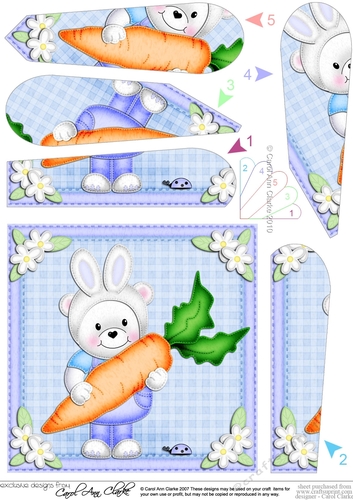 Teddy Ed has Bunny Ears and an Easter Carrot Fan Pyramage Topper