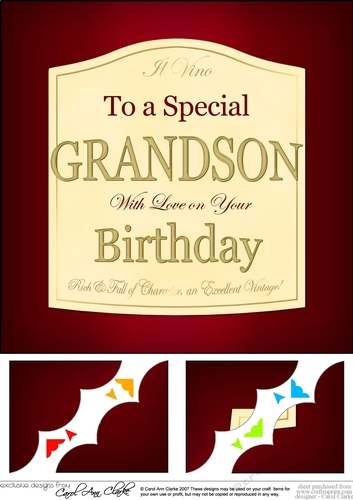 8 x 8 Happy Birthday GRANDSON Red Wine Label Scalloped corner Topper