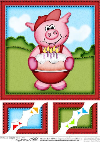 8 x 8 Syd Piggy has a Birthday Cake Scalloped corner Topper