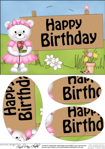 A5 HAPPY BIRTHDAY Teddy Tess has a Rose Oval Pyramage Topper