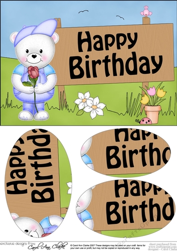 A5 HAPPY BIRTHDAY Teddy Ed has a Rose Oval Pyramage Topper