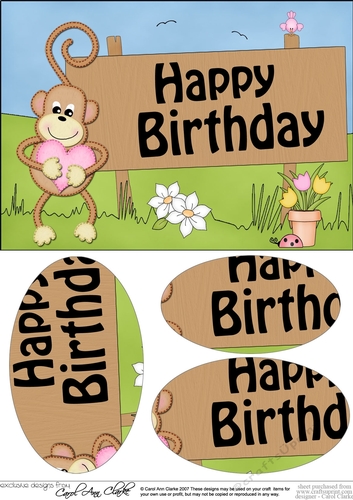 A5 HAPPY BIRTHDAY Little Chunky Monkey has a Heart Oval Pyramage Topper