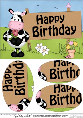 A5 HAPPY BIRTHDAY Milly Moo Cow has a Rose Oval Pyramage Topper