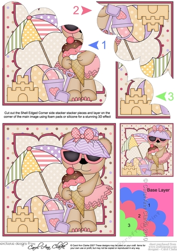 Livvy Bear has a Bucket, Spade & Ice Cream at the Beach Shell Edged Corner side stacker
