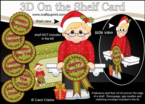 3D On the Shelf Card Kit - Cute Christmas Teen with Seasonal Greetings Rosettes