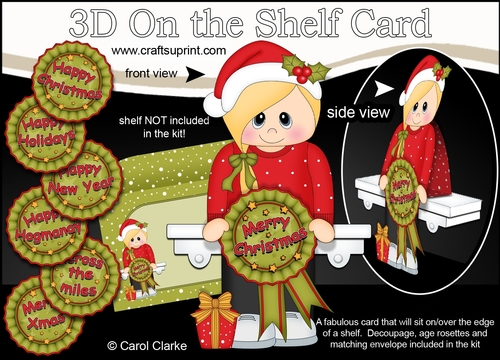 3D On the Shelf Card Kit - Cute Christmas Teen with Seasonal Greetings Rosettes