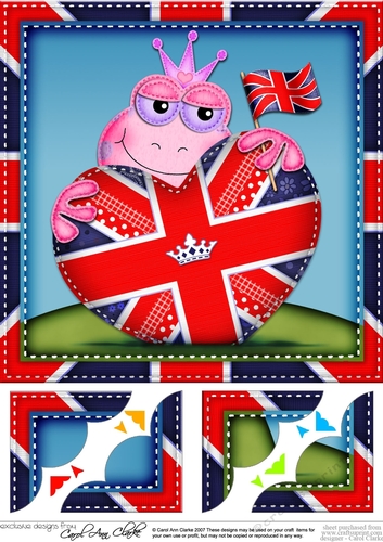 8x8 Freda Frog has a Union Jack Flag Heart Scalloped Topper