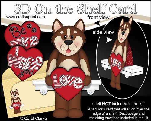 3D On the Shelf Card Kit - Valentine Heart Love & Romance Little Husky Dog Biscuit
