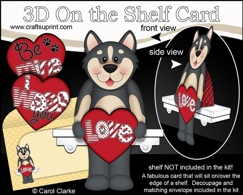 3D On the Shelf Card Kit - Valentine Heart Love & Romance Little Husky Dog Chase