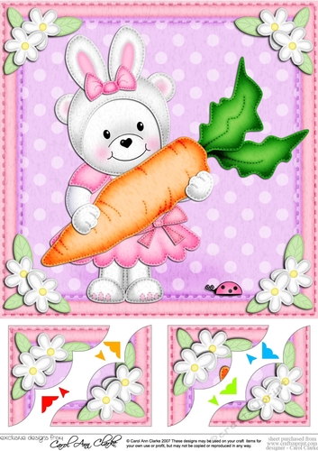 8 x 8 Teddy Tess has Easter Bunny Ears and a Carrot Scalloped corner Topper