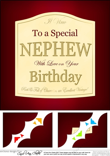 8 x 8 Happy Birthday NEPHEW Red Wine Label Scalloped corner Topper