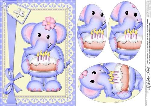 A5 Lola Elephant has a Birthday Cake Oval Pyramage Topper