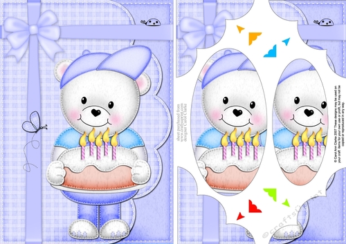 A5 Teddy Ed has a Birthday Cake Scallop Corners & Pyramage Topper