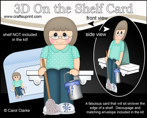 3D On the Shelf Card Kit - Scrub-a-Dub-Dub Cleaner Older Lady Marcy has a bucket & Mop