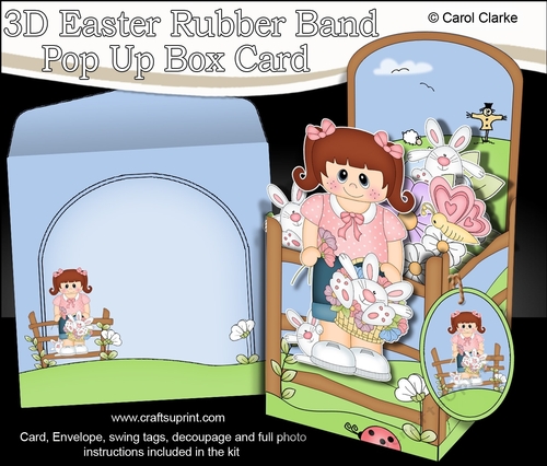 3D Rubber Band Pop Up Box Card Kit - Easter Girl Annika has a Cute Bunny in a Basket