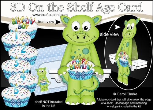3D On the Shelf Card Kit - Cute Little Denis Dinosaur is the Birthday Boy with ages 1 - 5 age Birthday Cake Decoupage