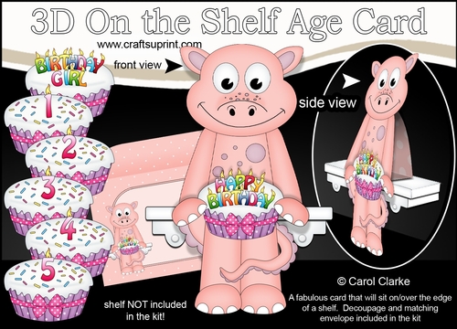 3D On the Shelf Card Kit - Cute Little Denise Dinosaur is the Birthday Girl with ages 1 - 5 age Birthday Cake Decoupage