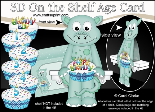 3D On the Shelf Card Kit - Cute Little Deke Dinosaur is the Birthday Boy with ages 1 - 5 age Birthday Cake Decoupage