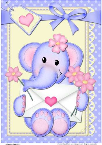 A4 Card Topper Cute Little Lola Elephant has a Letter & Flowers