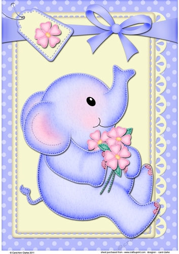 A4 Card Topper Cute Lil Baby Elephant has Pretty Flowers