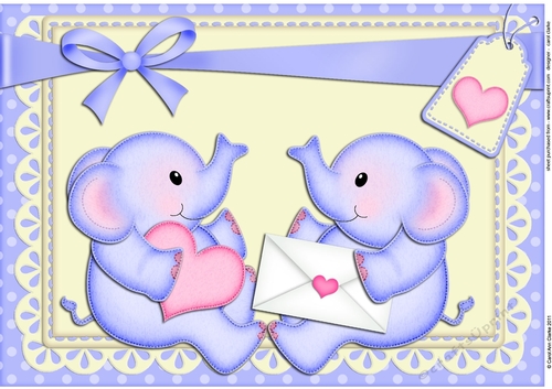 A4 Card Topper Cute Lil Baby Elephants have a Heart & Letter
