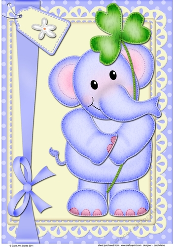 A4 Card Topper Cute Lola Elephant has got a Good Luck Clover