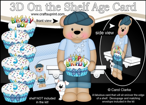 3D On the Shelf Card Kit - Cute Little Austin Bear is the Birthday Boy with ages 1 - 5 age Birthday Cake Decoupage