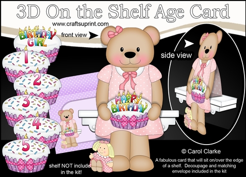3D On the Shelf Card Kit - Cute Little Livvy Bear is the Birthday Girl with ages 1 - 5 age Birthday Cake Decoupage