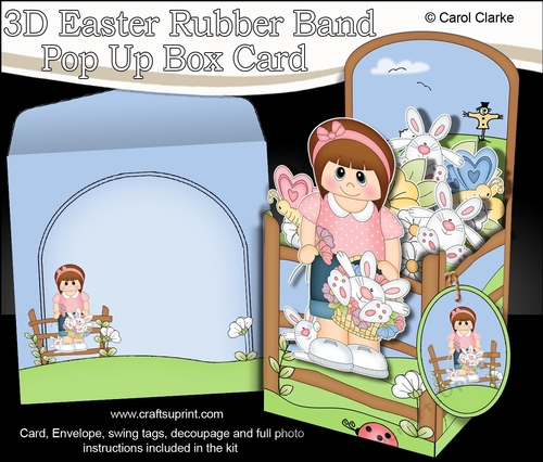 3D Rubber Band Pop Up Box Card Kit - Easter Teen Kirstie has a Cute Bunny in a Basket