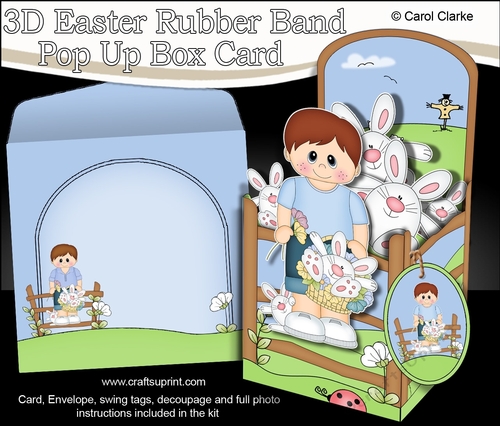 3D Rubber Band Pop Up Box Card Kit - Easter Teen Darryl has a Cute Bunny in a Basket