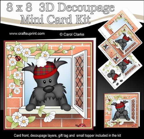 8 x 8 Mini Kit with 3d Decoupage - Through the Window - Hamish Scottie Dog