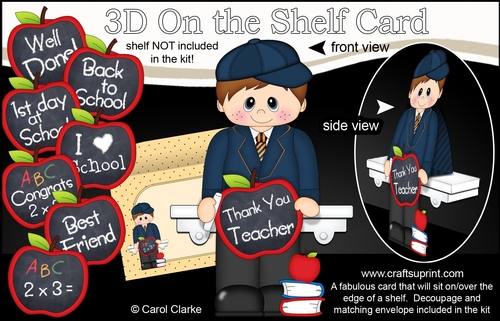 3D On the Shelf Card Kit - Cute Little Schoolboy Filip has an Apple for the Teacher