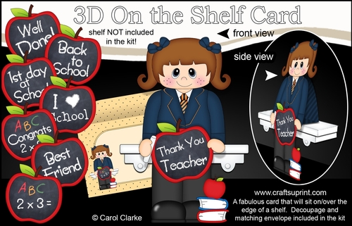 3D On the Shelf Card Kit - Cute Little Schoolgirl Jasmine has an Apple for the Teacher