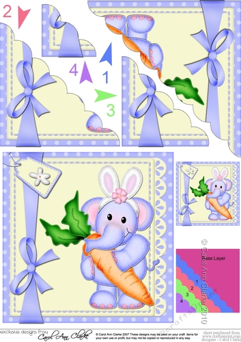 Cute Lola Elephant has Easter Bunny Ears & a Carrott Scalloped Corner Stacker