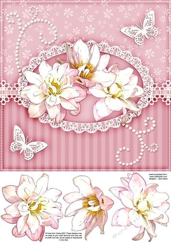 8x8 A Touch of Elegance Flowers Pearls Lace & Butterflies Quick card front with 3D decoupage
