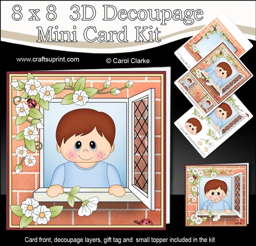 8 x 8 Mini Kit with 3d Decoupage - Through the Window - Cute Little Boy