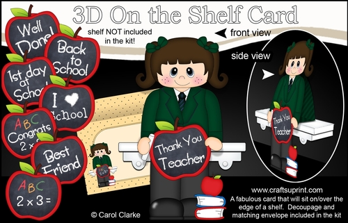 3D On the Shelf Card Kit - Cute Little Schoolgirl Latoria has an Apple for the Teacher