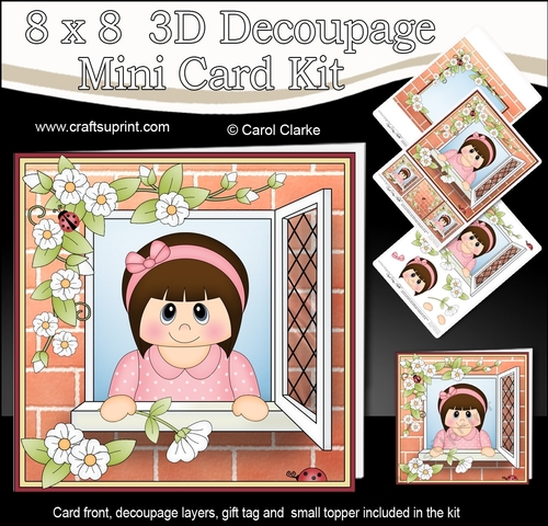 8 x 8 Mini Kit with 3d Decoupage - Through the Window - Cute Little Teen Girl